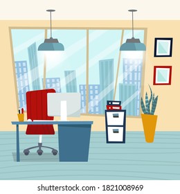 Workspace. Online or home job workplace. . Workplace room, modern Interior, cabinet. Work at home. Office with computer. Desktop computer monitor. Flat vector illustration. 