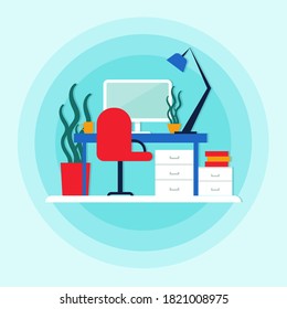Workspace. Online or home job workplace. . Workplace room, modern Interior, cabinet. Work at home. Office with computer. Desktop computer monitor. Flat vector illustration. 