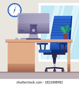 Workspace. Online or home job workplace. . Workplace room, modern Interior, cabinet. Work at home. Office with computer. Desktop computer monitor. Flat vector illustration. 