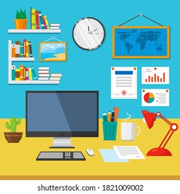 Workspace. Online or home job workplace. . Workplace room, modern Interior, cabinet. Work at home. Office with computer. Desktop computer monitor. Flat vector illustration. 