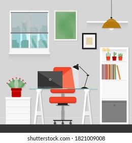 Workspace. Online or home job workplace. . Workplace room, modern Interior, cabinet. Work at home. Office with computer. Desktop computer monitor. Flat vector illustration. 
