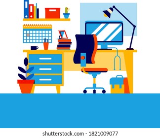 Workspace. Online or home job workplace. . Workplace room, modern Interior, cabinet. Work at home. Office with computer. Desktop computer monitor. Flat vector illustration. 