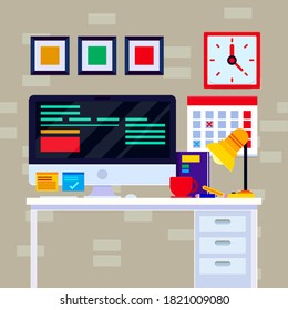 Workspace. Online or home job workplace. . Workplace room, modern Interior, cabinet. Work at home. Office with computer. Desktop computer monitor. Flat vector illustration. 