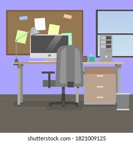 Workspace. Online or home job workplace. . Workplace room, modern Interior, cabinet. Work at home. Office with computer. Desktop computer monitor. Flat vector illustration. 