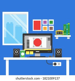 Workspace. Online or home job workplace. . Workplace room, modern Interior, cabinet. Work at home. Office with computer. Desktop computer monitor. Flat vector illustration. 