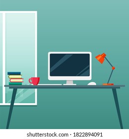 Workspace. Online or home job workplace. Workplace room, modern Interior, cabinet. Work at home. Office with computer. Desktop computer monitor. Flat vector illustration. 