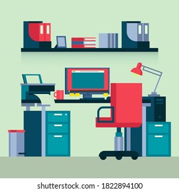 Workspace. Online or home job workplace. Workplace room, modern Interior, cabinet. Work at home. Office with computer. Desktop computer monitor. Flat vector illustration. 