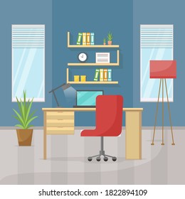 Workspace. Online or home job workplace. Workplace room, modern Interior, cabinet. Work at home. Office with computer. Desktop computer monitor. Flat vector illustration. 