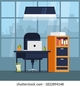 Workspace. Online or home job workplace. Workplace room, modern Interior, cabinet. Work at home. Office with computer. Desktop computer monitor. Flat vector illustration. 