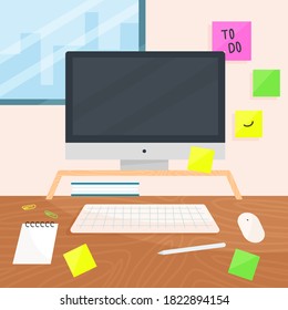 Workspace. Online or home job workplace. Workplace room, modern Interior, cabinet. Work at home. Office with computer. Desktop computer monitor. Flat vector illustration. 