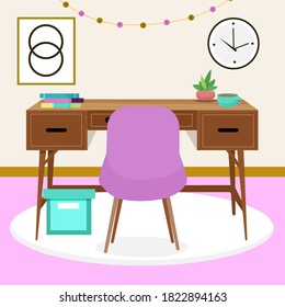 Workspace. Online or home job workplace. Workplace room, modern Interior, cabinet. Work at home. Office with computer. Desktop computer monitor. Flat vector illustration. 