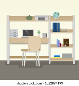 Workspace. Online or home job workplace. Workplace room, modern Interior, cabinet. Work at home. Office with computer. Desktop computer monitor. Flat vector illustration. 