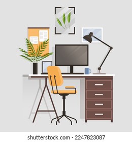 Workspace. Online or home job workplace. Work place room, modern interior, cabinet. Work at home. Office with computer and various decorative items books and plants. Desktop computer monitor