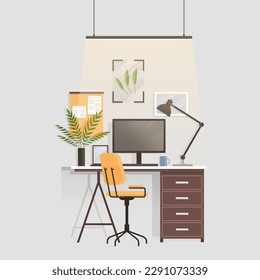 Workspace. Online or home job workplace. Work place room, modern interior, cabinet. Work at home. Office with computer and various decorative items books and plants. Desktop computer monitor