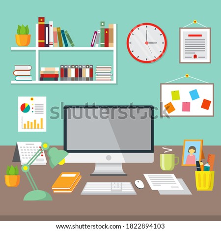Workspace. Online or home job workplace. Workplace room, modern Interior, cabinet. Work at home. Office with computer. Desktop computer monitor. Flat vector illustration. 