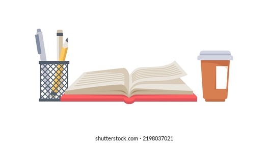 Espacio de trabajo con libro abierto, portalápiz y bolígrafo y taza de café o té caliente. Aprender o estudiar, leer en tiempo libre, educación y desarrollo. Vector de estilo plano