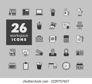 Icono de escala de grises del esquema del área de trabajo. Signo de área de trabajo. Símbolo gráfico para el diseño del sitio web, logotipo, aplicación, interfaz de usuario. Ilustración del vector
