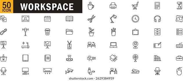 Workspace outline icon set. Office, desk, computer, keyboard, coffee, printer, lamp, chair, files, and work tools and more.