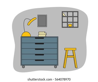 Workspace in outline style. Interior design in vector. Grey, yellow and blue color room