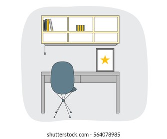 Workspace in outline style. Interior design in vector. Grey, yellow and blue color room