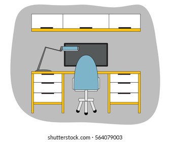 Workspace in outline style. Interior design in vector. Grey, yellow and blue color room