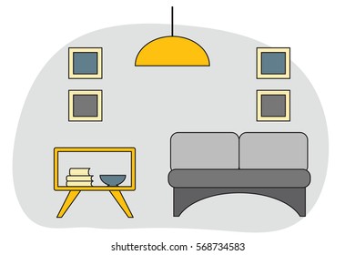 Workspace in outline style. Interior design in vector. Grey, yellow and blue color room