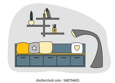 Workspace in outline style. Interior design in vector. Grey, yellow and blue color room