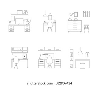 Workspace in outline style. Interior design set in vector. 