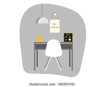 Workspace in outline style. Interior design in vector. Grey, yellow and blue color room