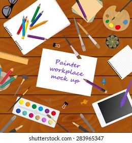 Workspace of the painter, artist. Mock up for creating your own modern creative office desktop workshop style. Flat design vector mock up. Vector illustration