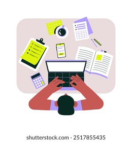 Workspace with a person typing on a laptop, surrounded by documents, phone, and calculator. Flat vector illustration representing productivity, multitasking, and business work.