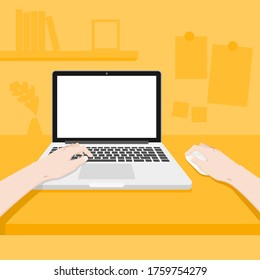 Workspace with the person working. That has blank screen of laptop on the desk. the left hand using on a keyboard of laptop and the right hand using a mouse. vector illustration