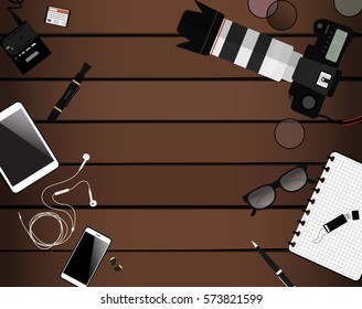 Workspace of photographer. Top view with textured table, photo camera, lens, smartphone, tablet, notepad and glasses. Flat design. Vector illustration with clipping mask.