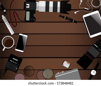 Workspace of photographer. Top view with textured table, photo camera, lens, smartphone, notepad and coffee cup. Flat design. Vector illustration with clipping mask.
