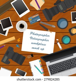 Workspace of the photographer, videographer. Mock up for creating your own modern creative office desktop workshop style. Flat design vector mock up. Vector illustration