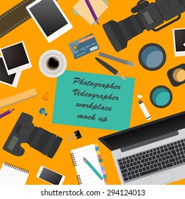 Workspace of the photographer, videographer. Mock up for creating your own modern creative office desktop workshop style. Flat design vector mock up. Vector illustration