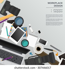 Workspace of the photographer, videographer. Mock up for creating your own modern creative office desktop workshop style. Flat design vector mock up. Vector illustration