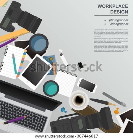 Workspace of the photographer, videographer. Mock up for creating your own modern creative office desktop workshop style. Flat design vector mock up. Vector illustration