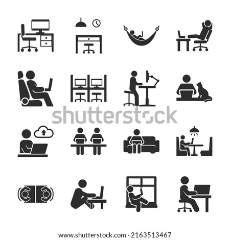 Workspace, a place to work icons set. People work with a laptop or computer in various places. In the office, in the car, in a coffee shop, in a co-working room. Monochrome black and white icon.