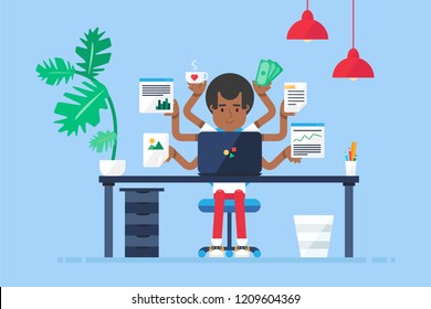 Workspace of Professional Working Afro-american Developer, Programmer, System Administrator or Designer with desk, chair, notebook. Business project or startup concept. Vector