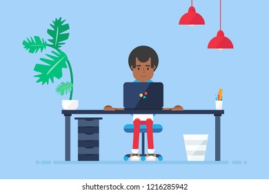 Workspace of Professional Working Afro-american Developer, Programmer, System Administrator or Designer with desk, chair, notebook. Business project or startup concept. Vector