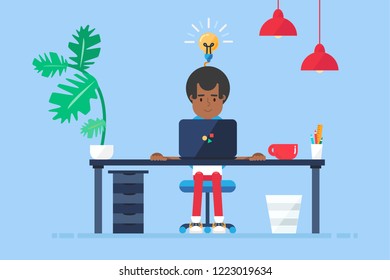 Workspace of Professional Working Afro-american Developer, Programmer, System Administrator or Designer with desk, chair, notebook. Business project or startup concept. Vector