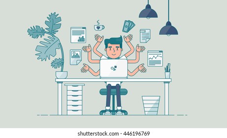 Workspace of Professional Working Developer, Programmer, System Administrator or Designer with desk, chair, notebook Business project or startup concept. Employee office workplace. Vector