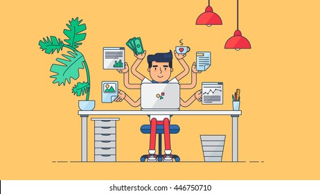 Workspace of Professional Working Developer, Programmer, System Administrator or Designer with desk, chair, notebook Business project or startup concept. Employee office workplace. Vector