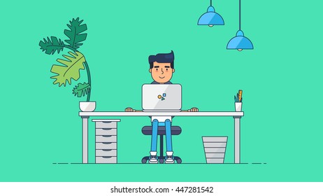Workspace of Professional Working Developer, Programmer, System Administrator or Designer with desk, chair, notebook Business project or startup concept. Employee office workplace. Vector