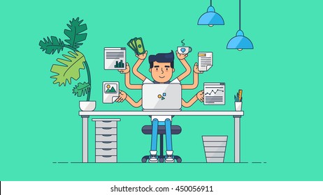 Workspace of Professional Working Developer, Programmer, System Administrator or Designer with desk, chair, notebook Business project or startup concept. Employee office workplace. Vector
