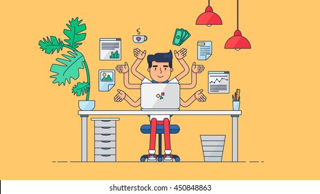 Workspace of Professional Working Developer, Programmer, System Administrator or Designer with desk, chair, notebook Business project or startup concept. Employee office workplace. Vector