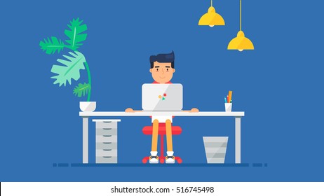 Workspace of Professional Working Developer, Programmer, System Administrator or Designer with desk, chair, notebook Business project or startup concept. Employee office workplace. Vector