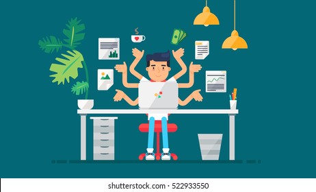 Workspace of Professional Working Developer, Programmer, System Administrator or Designer with desk, chair, notebook Business project or startup concept. Employee office workplace. Vector