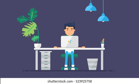 Workspace of Professional Working Developer, Programmer, System Administrator or Designer with desk, chair, notebook Business project or startup concept. Employee office workplace. Vector